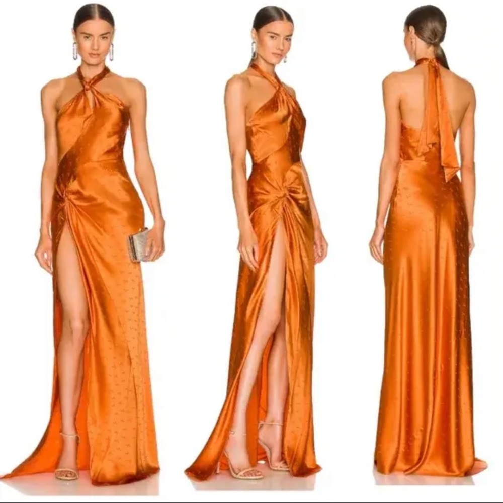 Ronny Kobo Samra Satin Twist-Halter Column Gown Size XL New